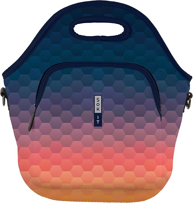 Sok It LunchTote Zippered Bag Insulated Neoprene Caddy (Hexagon Sunset, X-Large 6.5 Quart Lunch Tote)
