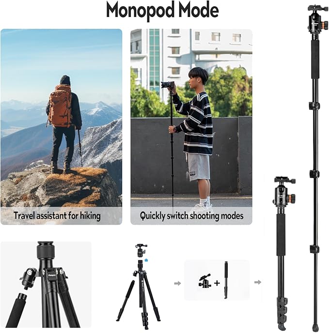 Fotopro 78" Camera Tripod, Aluminum Compact Travel Tripod and Monopod with 360° Ball Head Quick Release Plate, Professional Camera Tripod for DSLR, Load up 17.63lbs