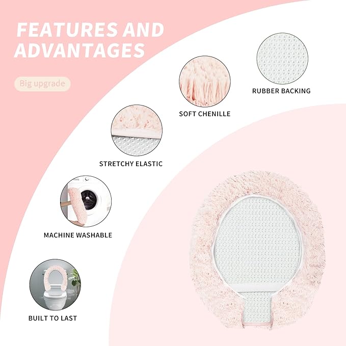 Microfiber Elongated Toilet Seat Cover 19.5"x 15" Machine Washable Solid Toilet Lid Cover Adjustable Rubber Backing Fits Most 18-19.5" L x 14-16" W Elongated Toilet Seat