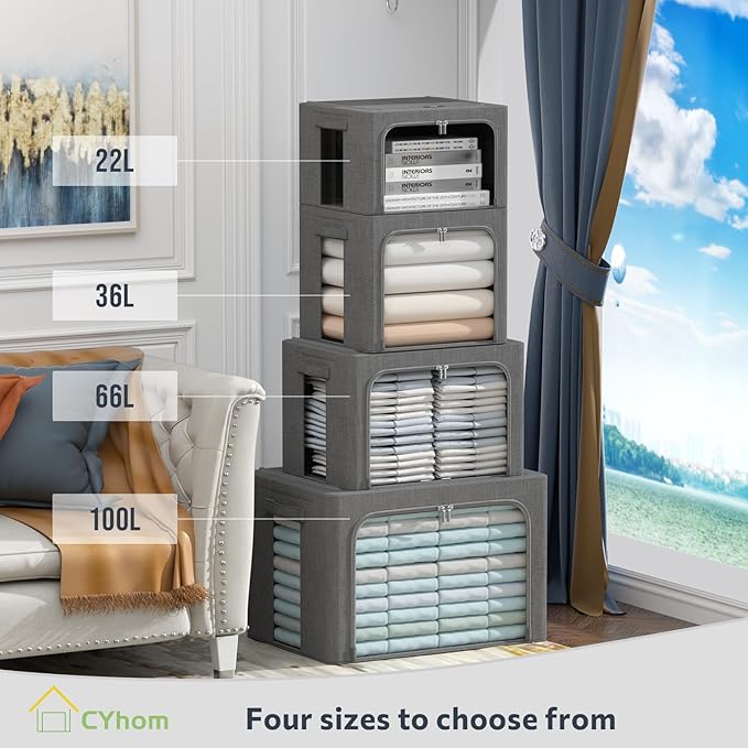 4 Pack Clothes Storage Bins with Metal Frame - Linen Fabric Foldable Stackable Container Organizer Set with Clear Window & Carry Handles & Zippers (Dark Gray, 15.7"x11.8"x7.8")