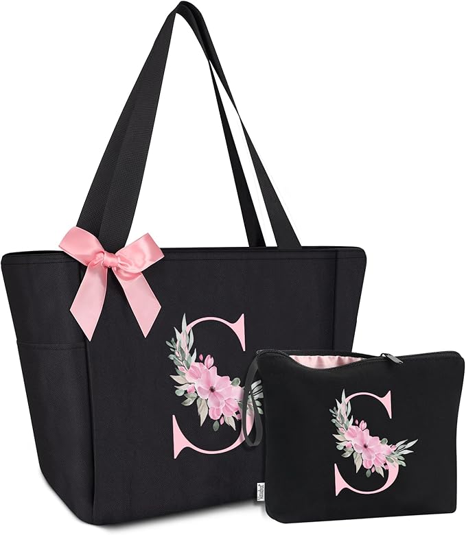 Vavabox Tote Bag, A-Z Initial Monogrammed Waterproof Tote Bag, Bridesmaid Gifts for Women, Black and Pink