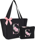Vavabox Tote Bag, A-Z Initial Monogrammed Waterproof Tote Bag, Bridesmaid Gifts for Women, Black and Pink