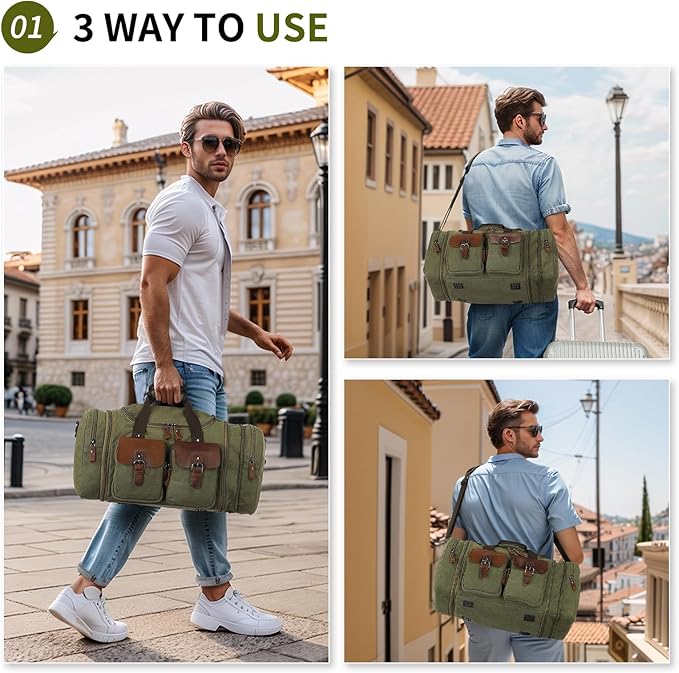 Canvas Duffle Bag with Genuine Leather Accents, Expandable 20-23 Inch Travel Weekender, Multiple Pockets, Green