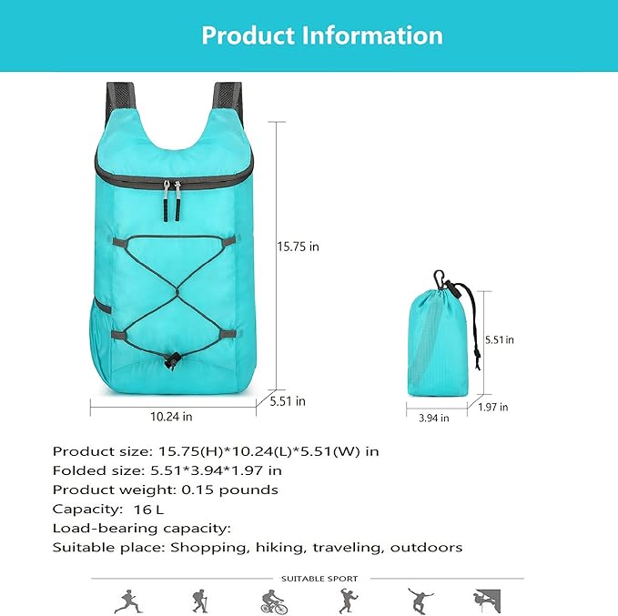 16L Hiking Daypack Lightweight Foldable Travel Backpack Water Repellent Camping Outdoor Packable Easy Carry-on Bag (Lake Blue)