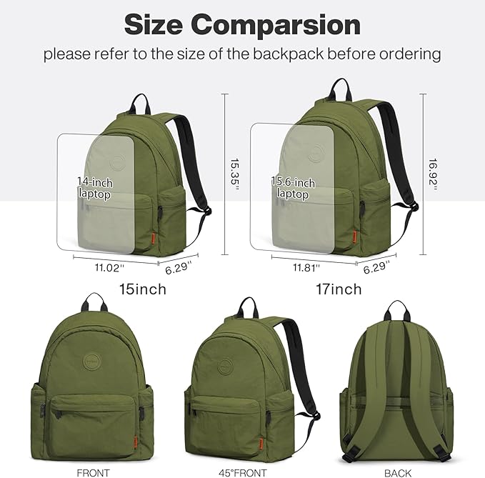 mixi Outdoor Lightweight Backpack Casual Carry On Laptop Backpack Travel Bookbag for Women Men, Water Resistant Durable Hiking Bag for Camping Weekender Sports College Work, 17 Inch, Jungle Green