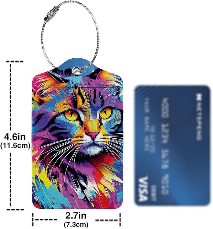 Colorful Cat 2 Pack Luggage Tag for Suitcase, Leather Bag Tags Identifiers Privacy Cover ID Label with Steel Loop for Women Men Kids Girls Travel