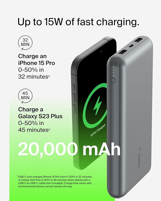 Belkin Portable Charger, USB C Power Bank 20000 mAh w/ 2 USB-A Ports, 15W w/A to C Cable for iPhone 16, 15, Samsung Galaxy S25, iPad, Nintendo Switch 2, Google Pixel 10, etc. - Gray