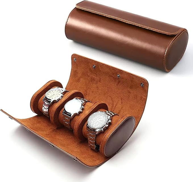 Longjet Watch Roll Travel Case for Men Portable Watches Organizer Box with Removable Velvet Pillow Holder (Brown)