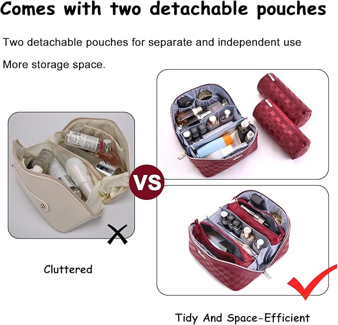 Travel Makeup Bag Organizer Cosmetic Bag: 3 Pcs Set Make up Bags for Women with Handle - Waterproof Vegan Leather Toiletry Bags with Comparments (C-11-Red)
