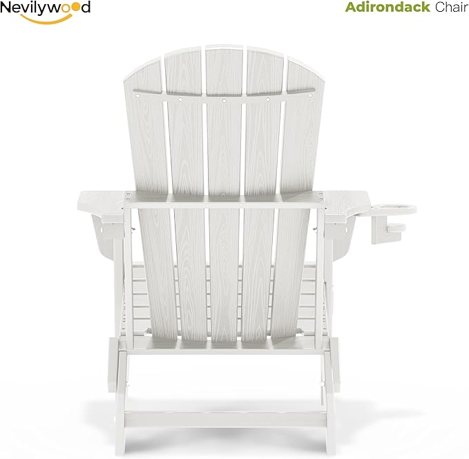 Folding Adirondack Chair - Extended Ergonomic Backrest, Cup Holder - Easy Assembly - Durable HDPE Plastic, Weather Resistant & Maintenance-Free - Lawn, Patio, Deck Supports 380lbs White