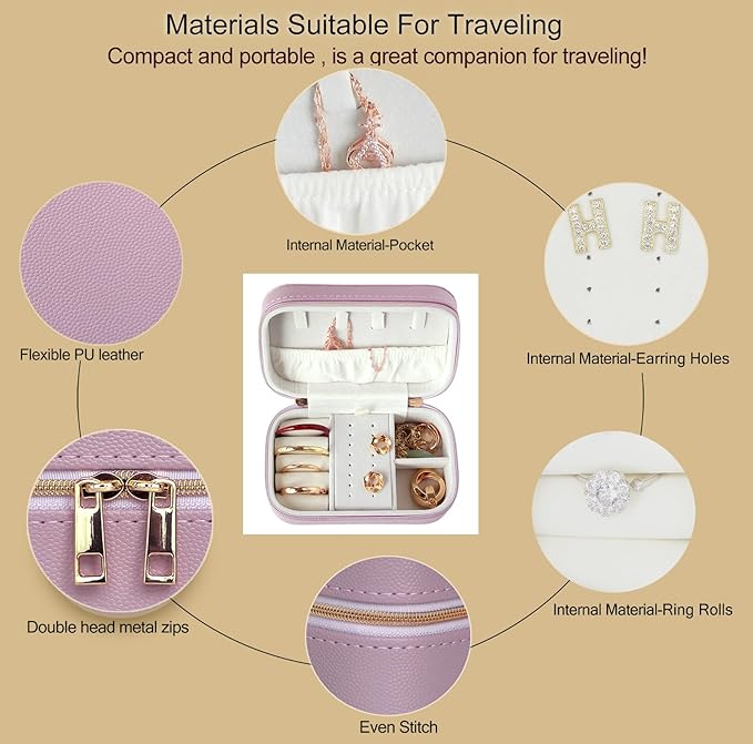 Small Jewelry Travel Case for Women Zippered Leather Small Jewelry Organizer Used For Short Trips Compact Travel Jewelry Case Is Compact Lavender Travel Jewelry Box Travel Gifts For Her