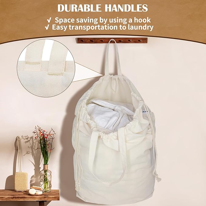 Canvas Laundry Bags 18x18in with Handles & Square Base, Extra Large Heavy Duty Laundry Basket Hamper Liner, Washable Drawstring Dirty Clothes Bag Canvas Storage Sack (Natural XL,1 Pack)