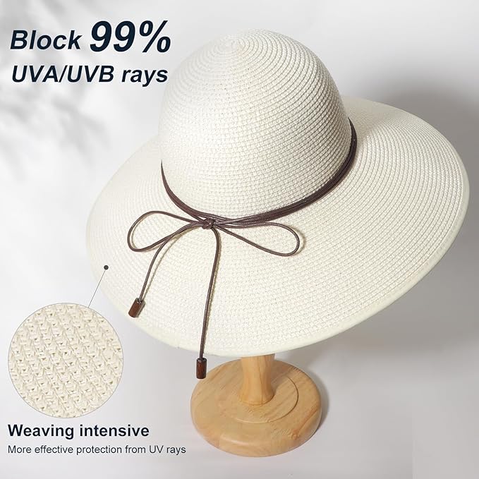 DRESHOW Beach Hats for Women Big Straw Wide Brim Summer Hat Floppy Foldable Roll up Cap Sun Hat UPF 50+