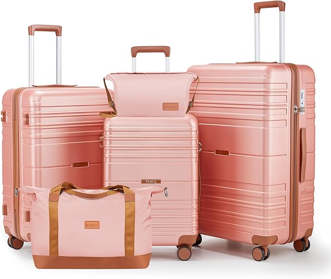 Luggage Sets with spinner wheels, PC+ABS Hard Shell Travel Luggage,Lightweight Carry-on suitcases with TSA Lock,YKK Zippers (Pink, 5 piece sets(20/24/28/DB/TB))
