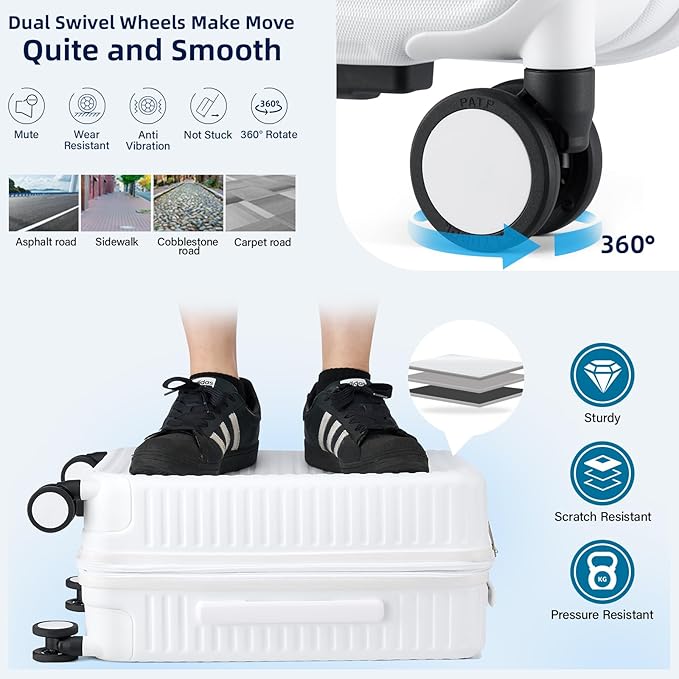 Hard Shell Suitcases Expandable Travel Luggage Sets 3 Piece, Carry on and Check in 3 Piece Luggage Suitcase Sets with Spinner Wheels Cup Holder Charger Built in (White, 20/24/28)