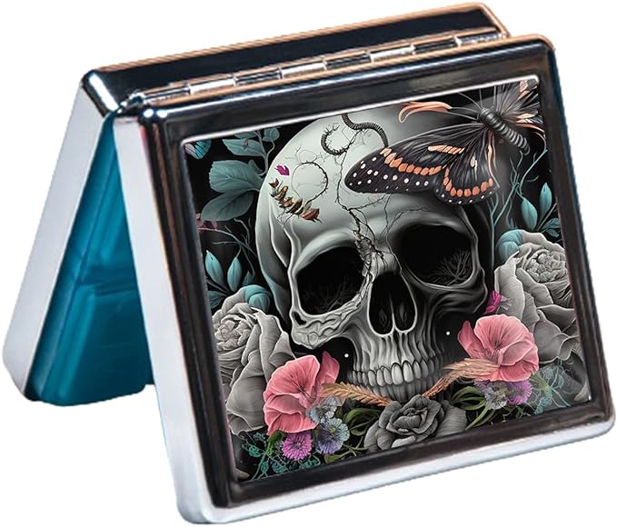 Silver Vintage Pill Box 7 Day Metal Pill Box with Mirror and 8 Compartments Cute Travel Pill Organizer for Purse (Butterfly Bush Skull)