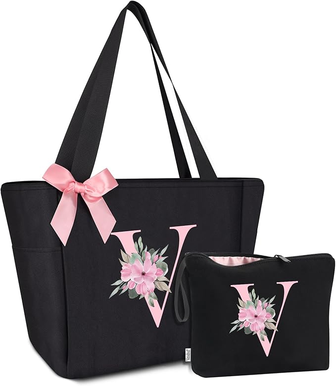 Vavabox Tote Bag, A-Z Initial Monogrammed Waterproof Tote Bag, Bridesmaid Gifts for Women, Black and Pink