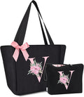 Vavabox Tote Bag, A-Z Initial Monogrammed Waterproof Tote Bag, Bridesmaid Gifts for Women, Black and Pink
