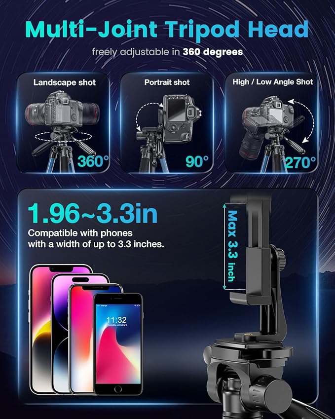 74"-Camera-Tripod, Navy Blue Professional Aluminum Heavy Duty Tripod Stand for Mirrorless Camera/DSLR/Cell Phone/Camcorder, with Holder and Travel Bag