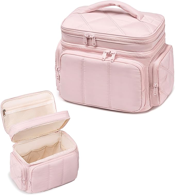 LEDAOU Toiletry Bag for Women,Quilted Travel Makeup Bag Organizer with Double Deck, Large Wide-open Cosmetic Make up Bag for Travel Essentials (Pink Puffy)