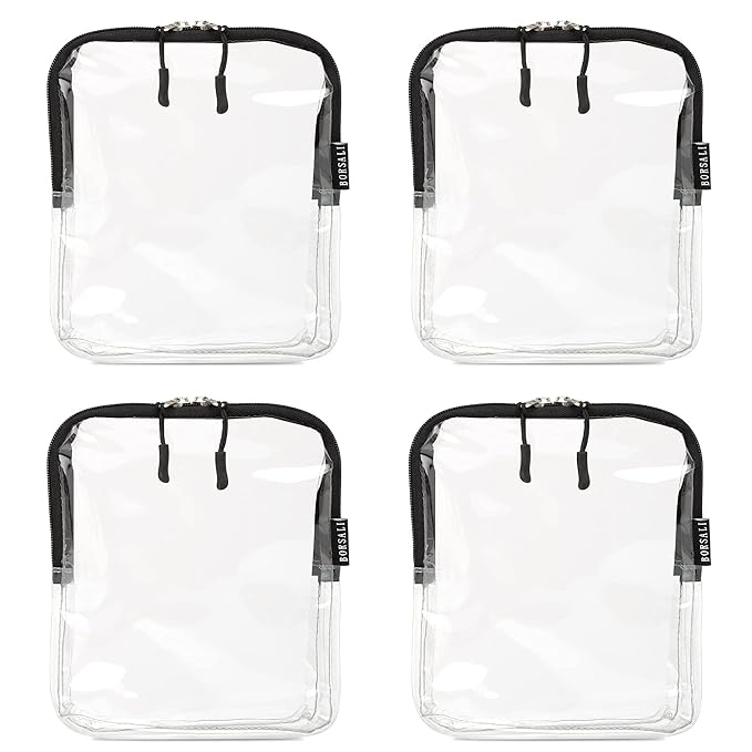 BORSALI Quart Size Bag TSA-Approved for Carry On Travel - One (1) Quart Clear Toiletires, Cosmetic and 3-1-1 Liquids Toiletry Bag - 4 Pack