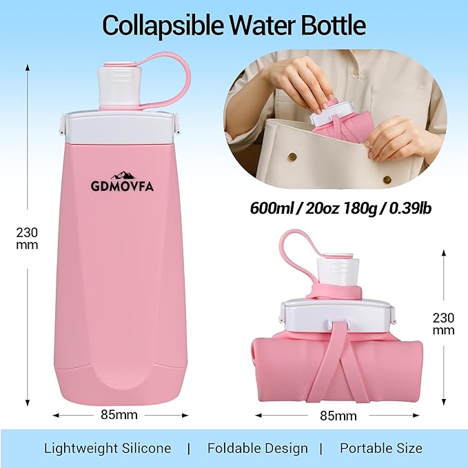 Collapsible Water Bottles,20oz Reusable Silicone Foldable Water Bottle,Portable Leak-proof Travel Water Bottle for Traveling Camping Hiking Cycling Yoga Sports Outdoor (Pink)