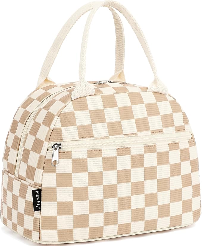 FlowFly Lunch Bag for Women Insulated Lunch Box Corduroy Lunch Tote Cooler for Travel Work Picnic,Corduroy Plaid Khaki