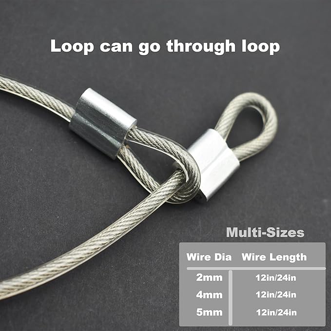 5 Pcs 5mm Wire 24 inch Vinyl Coated Stainless Steel Cable with Loops Short Wire Rope Lanyard Lock Security Chain Link for Outdoor Gates, Clear(5mm x 24inch)