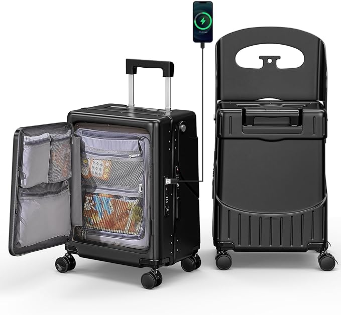 Hardshell Carry On Suitcase with Child Seat, Black Travel Luggage with Front Compartment & 4 Lockable Spinner Wheels, TSA Lock, USB Port, Luggage Cover, Safty Seatbelt (Front-Opening Black, 20 Inch)