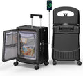 Hardshell Carry On Suitcase with Child Seat, Black Travel Luggage with Front Compartment & 4 Lockable Spinner Wheels, TSA Lock, USB Port, Luggage Cover, Safty Seatbelt (Front-Opening Black, 20 Inch)