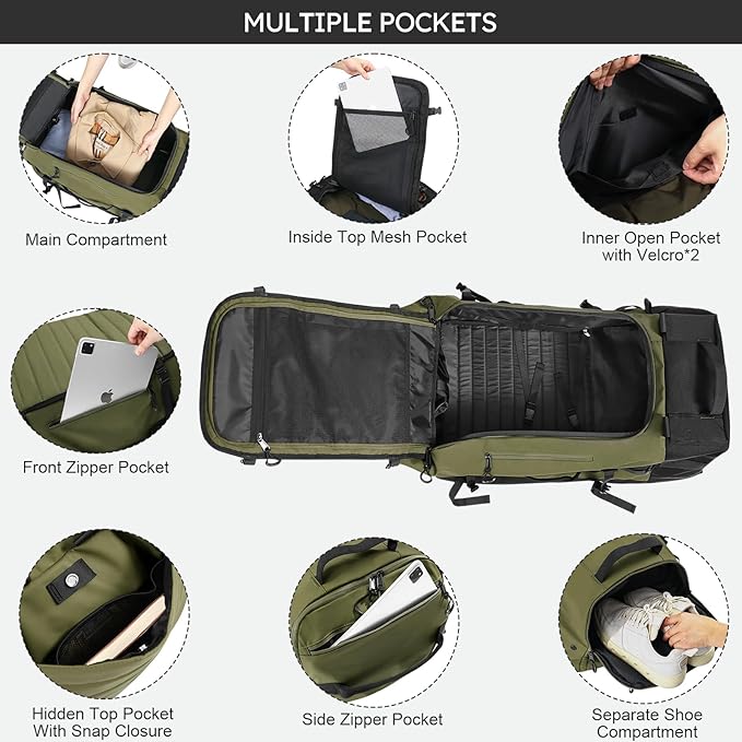 86L 30” Folding Duffle Backpack with 2 Wheels,Travel Bag with Separate Shoe Compartment,Army Green