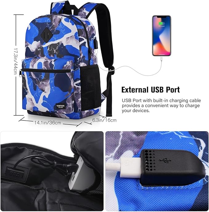 School Backpack Stone Textured,Classic Bookbag Men and Teen Boy Schoolbag with USB Charging Port for High School College Office Work Travel