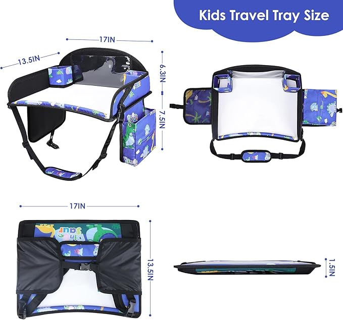2PCS Kids Travel Tray for Airplane - Toddler Car Seat Table Tray, Road Trip Essentials for Boys & Girls, Carseat Lap Desk for Kids Road Trip Activities (Blue Dinosaur/Purple Mermaid)