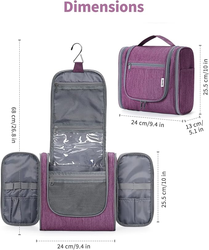Hanging Toiletry Bag for Women Travel Makeup Bag Organizer Toiletries Bag for Cosmetics Essentials Accessories (Large, Dark Purple)