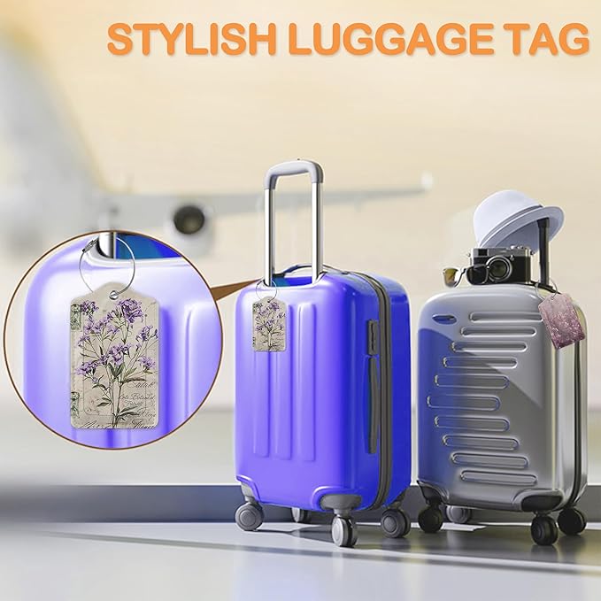 Vintage Purple Lavender 3 PCS Luggage Tags, Leather Suitcase Tags with Privacy Cover Name Address Labels and Durable Steel Loop for Men/Women Travel Bag Suitcases