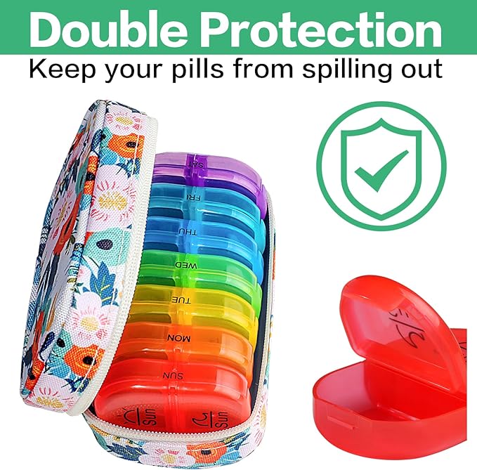 Serfeymi Weekly Travel Pill Organizer 2 Times A Day AM PM Rainbow Pill Box 7 Day with Zipper Canvas Pill Case, Medicine Organizer for Pills, Vitamins, Fish Oils - Black 02 + Bloom 01