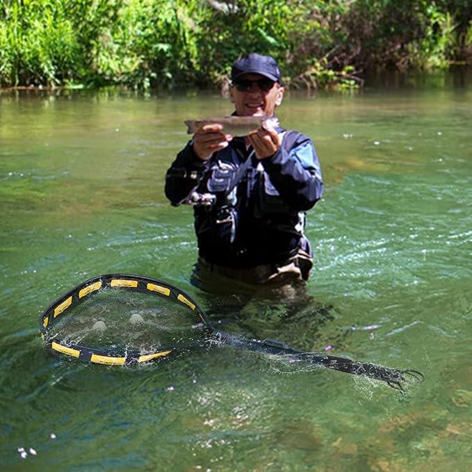 PLUSINNO Floating Fishing Net for Steelhead, Salmon, Fly, Kayak, Bass, Trout Fishing, Catfish, Rubber Coated Landing Net for Easy Catch & Release for Easy Transportation & Storage