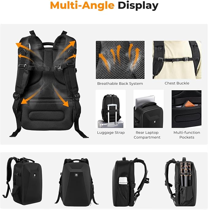K&F Concept Camera Backpack,Hardshell Photography DSLR Camera Bag with 15-15.6 Inch Laptop Compartment Waterproof Hard Shell Camera Case Compatible with Canon/Nikon/Sony/DJI Mavic Drone
