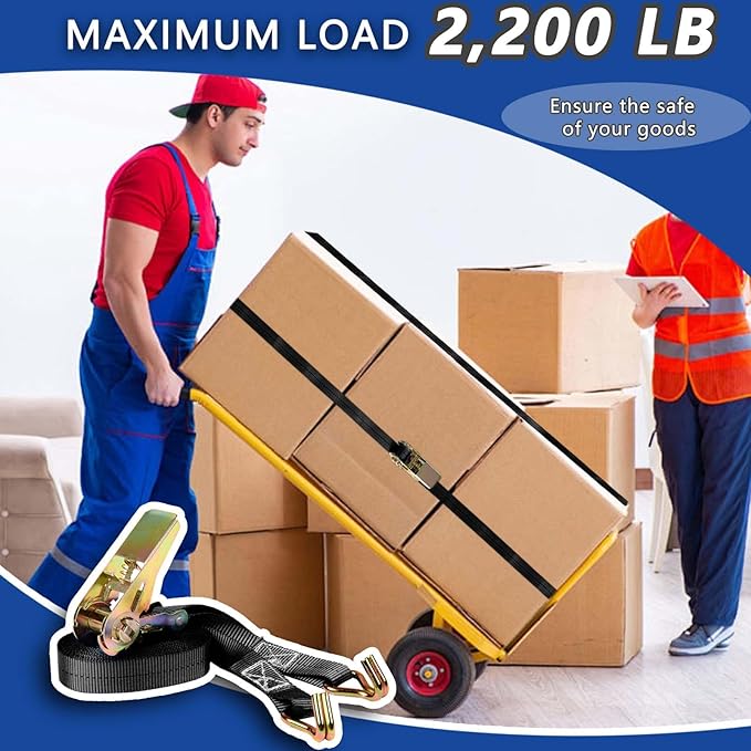 Black Ratchet Straps (4-Pack), 1 Inch x 16.4 Feet (2200lb Break Strength) with Sturdy Metal Hooks, 1x Work Gloves, Heavy Duty Tie Down Straps for Truck, Cargo Trailer, Motorcycle, Luggage, Moving