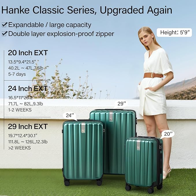Hanke 29 Inch Expandable Checked Luggage Lightweight PC Hard Shell Luggage Suitcases with Wheels Travel Luggage Rolling Large Suitcase Travel Luggage Bag for Study Abroad.(Blackish Green)