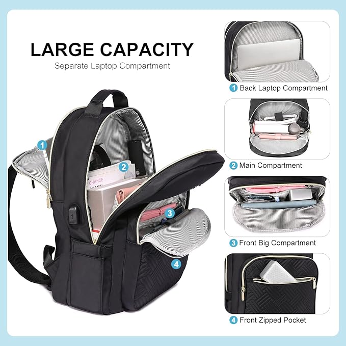 LOVEVOOK Laptop Backpack for Women, Stylish Quilted Backpacks Purse for Business Work Travel, Computer Bags Bag, with USB Port fits 15.6-inch Laptop, Black