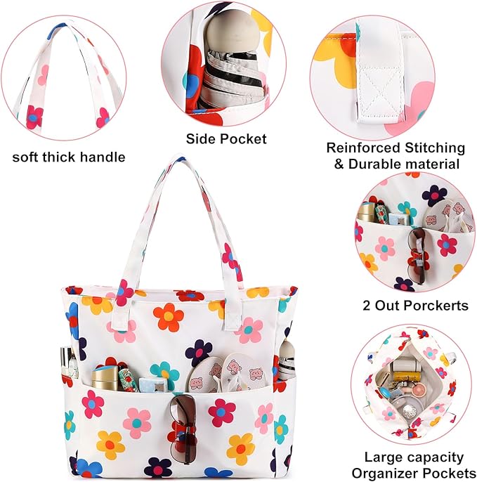 CAMTOP Waterproof Beach Tote Bag for Women Girls with Zipper Foldable Sandproof Pool Swim Bag Travel Carry On Gym