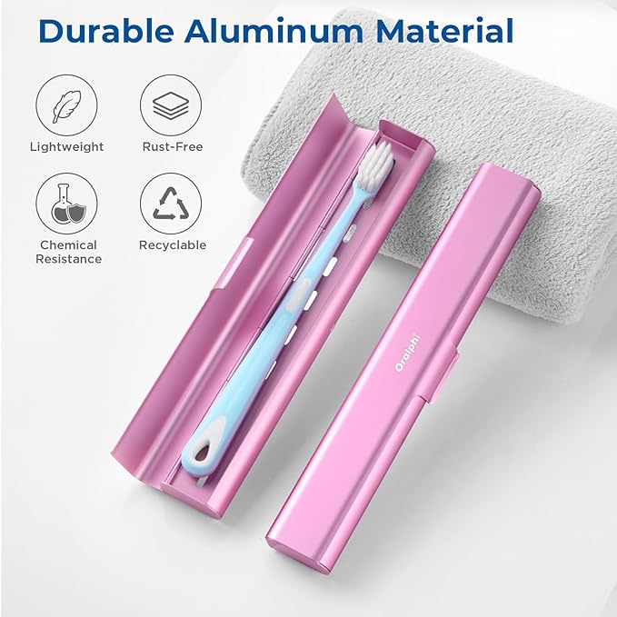 Aluminum Toothbrush Travel Case, Portable Travel Toothbrush Holder, Durable Manual Toothbrush Box Container for Traveling, Bathroom, Camping, Business Trip-Pink