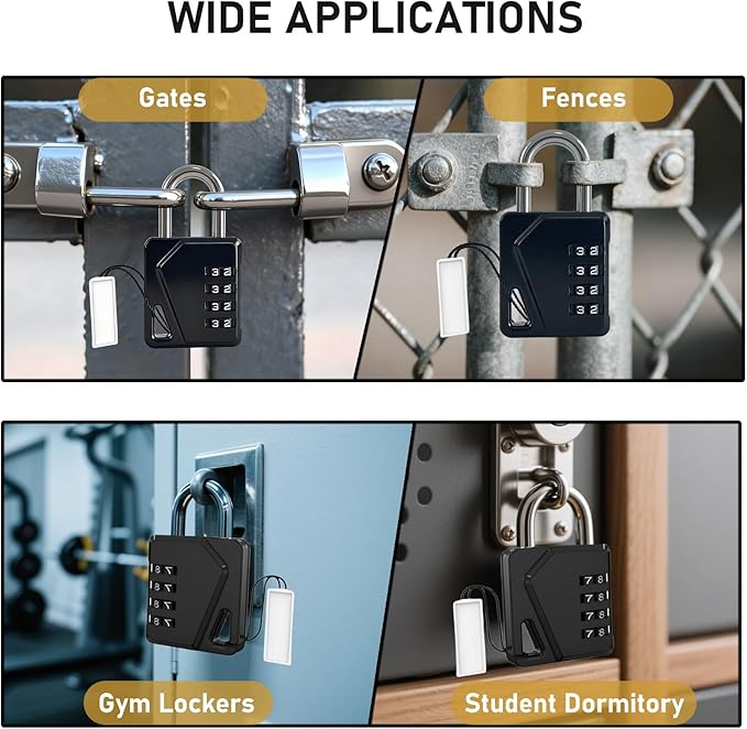 LAFENLIN 2 Pack Combination Locks, Locker Locks with Writable Tag, 4 Digit Padlock for Cases, Gym, Backpack, Backyard Gate, Fence, Hasp, Indoor, Outdoor Gate Lock, Weatherproof (Black - NO Key)