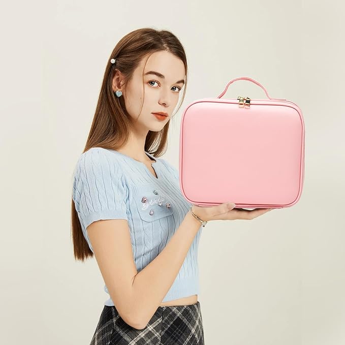 Travel Makeup Bag with LED Lighted Mirror, Travel Makeup Organizer,3 Color Setting Cosmetic Makeup Box, Adjustable Dividers and Brush Holder（pink）