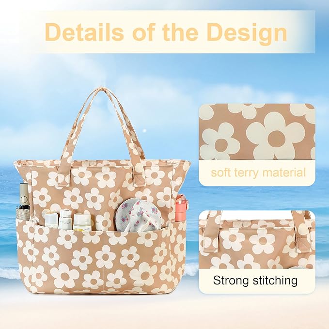 LEDAOU Large Beach Tote Bag Women Waterproof Sandproof Zipper Beach Tote Bag for Pool Gym Grocery Travel with Wet Pocket