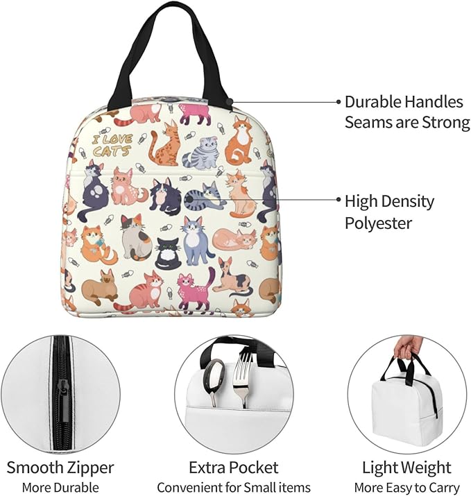 Cute Cat Lunch Box Kitten Lunch Bag Insulated Reusable Lunch Tote Bag Cooler Tote Bag for Men Women