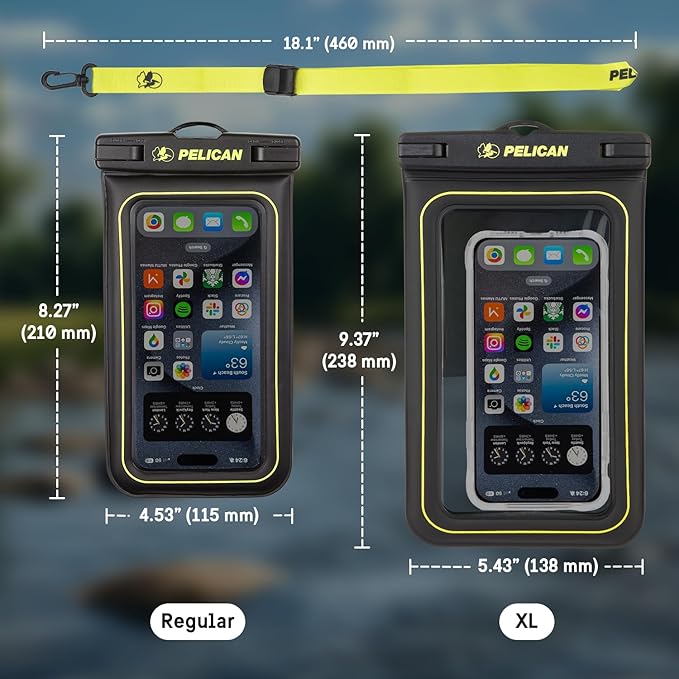 Pelican 2 Pack Marine - IP68 Waterproof Phone Pouch (XL Size) Floating Waterproof Phone Case - Beach Cruise Ship Travel Essentials - Works with All Phones - Detachable Lanyard - Black/Hi-Vis Yellow