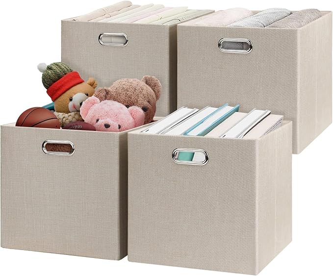 Posprica Collapsible Storage Cubes,11×11×11 Fabric Storage Bins Containers Drawers,4pcs, Beige