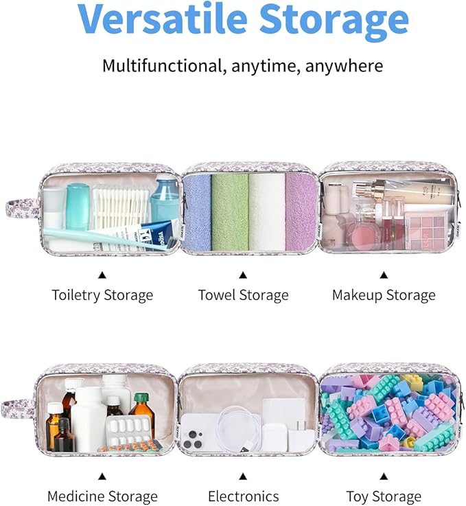 Narwey Clear Toiletry Bags for Traveling Women Men, Clear Travel Bags for Toiletries Makeup Bag Cosmetic Bag with Zipper, Make Up Organizer, Skincare Bag (Little Dusty Pink Flower)